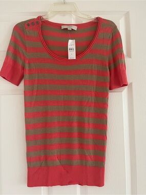 LOFT Coral and Olive Striped Short-Sleeve Scoop Neck Tee